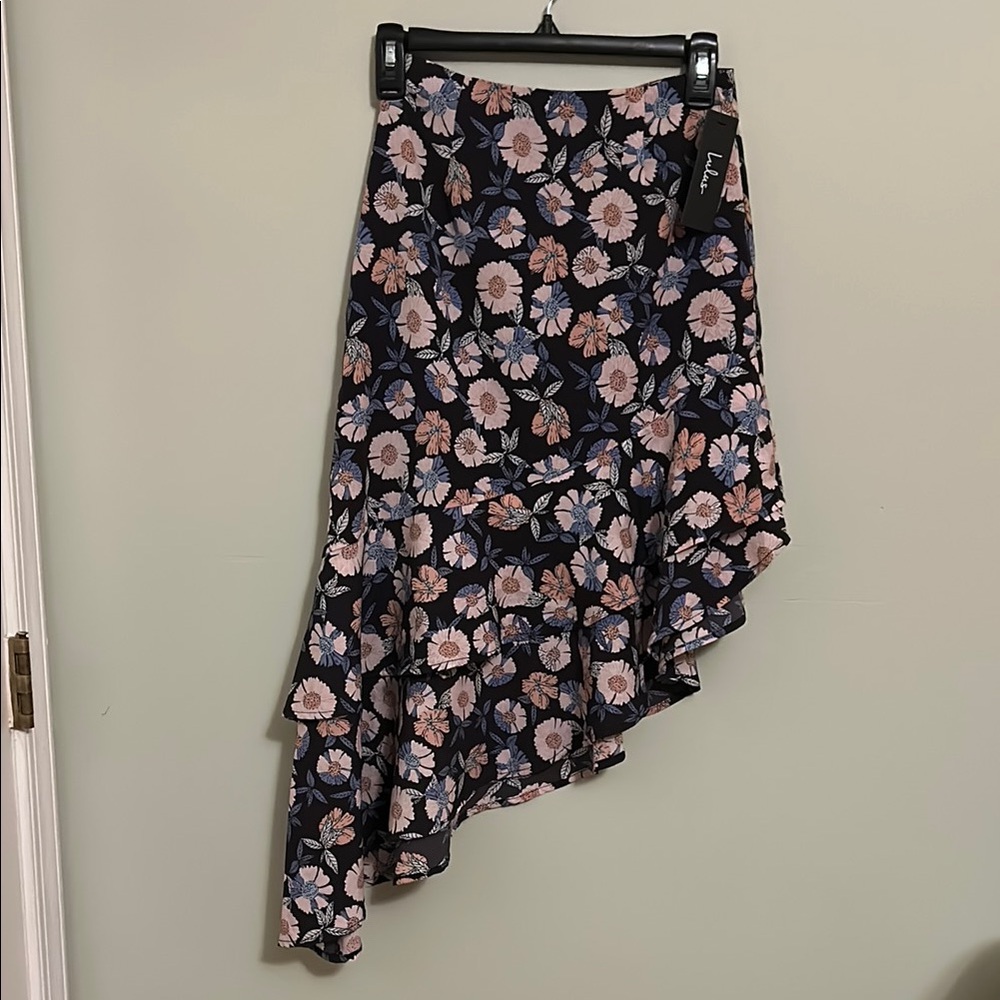 Lulu’s Boundless Beauty Black Floral Print Asymmetrical Midi Skirt